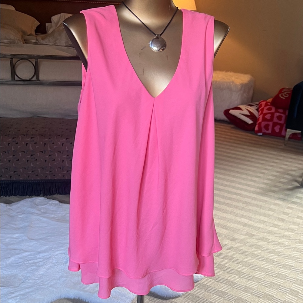 Frank Lyman Design Bright Pink V-Neck Layered Chiffon Camisole- coral colored